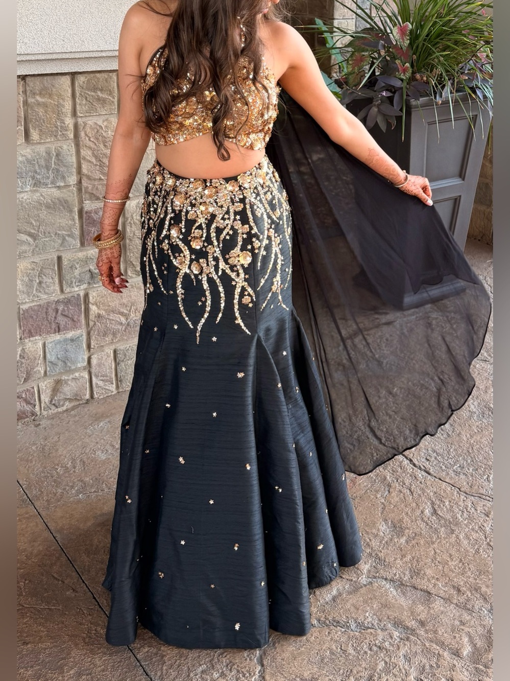 Black & Gold Embellished Two-Piece Evening Dress with Choker Dupatta